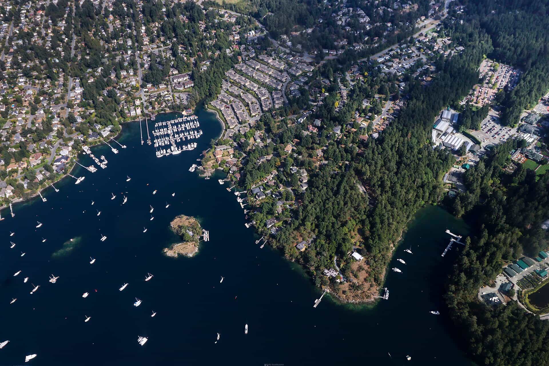 Aerial view of the Vancouver Island coastline and islands