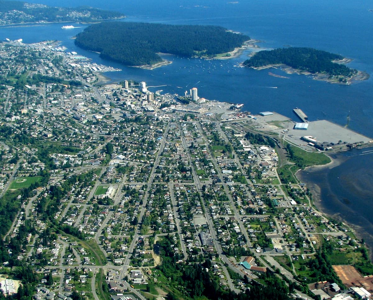 Aerial view of downtown Nanaimo with Newcastle and Protection Islands